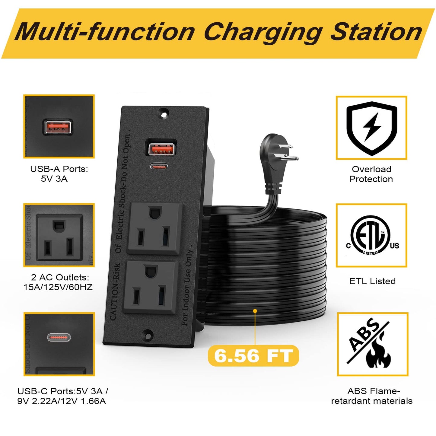 Recessed Power Strip with 2AC socket & 1 USB A & 1 USB C