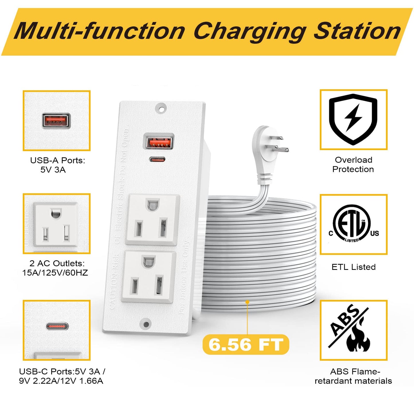 Recessed Power Strip with 2AC socket & 1 USB A & 1 USB C