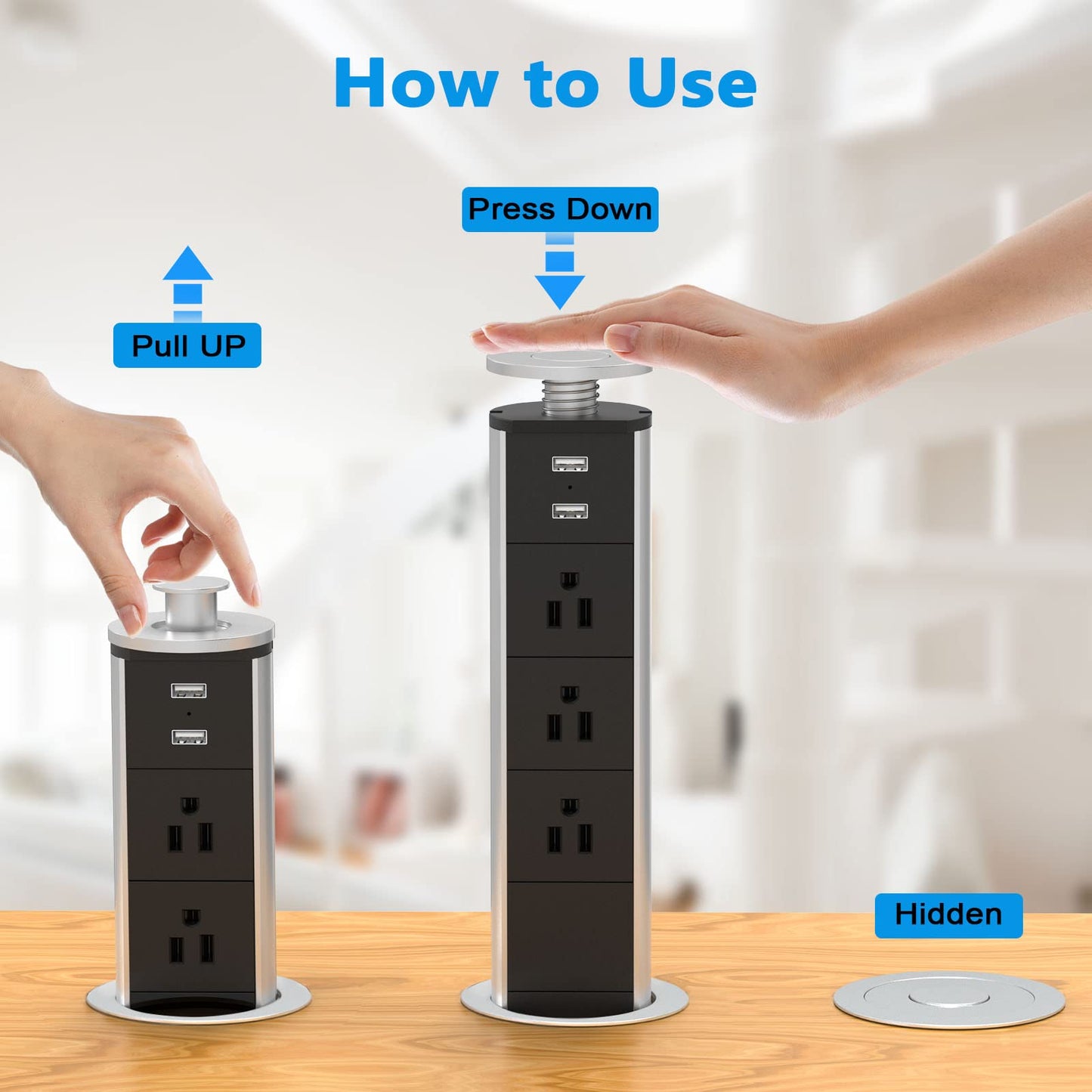 Pulling Pop Up Outlet Socket with 3 US Plug and 2 USB Ports