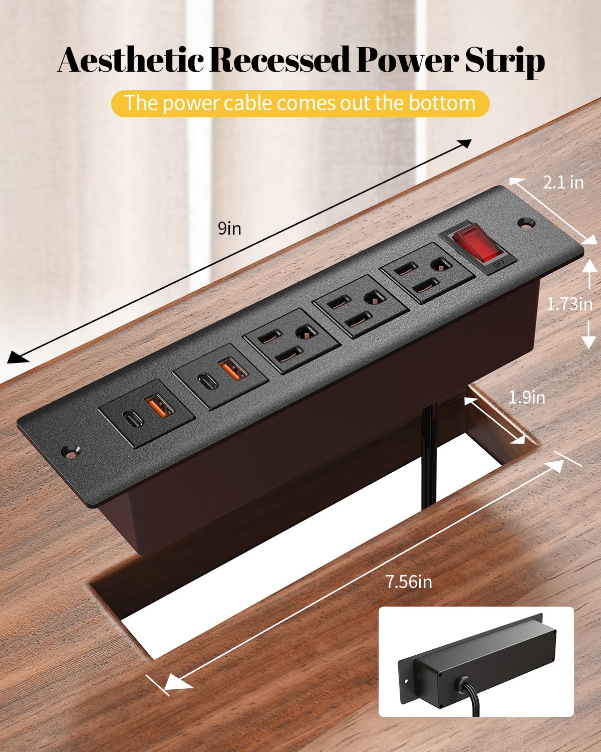 Recessed Power Strip USB C 40W, 3 AC Outlets & 4 USB Ports