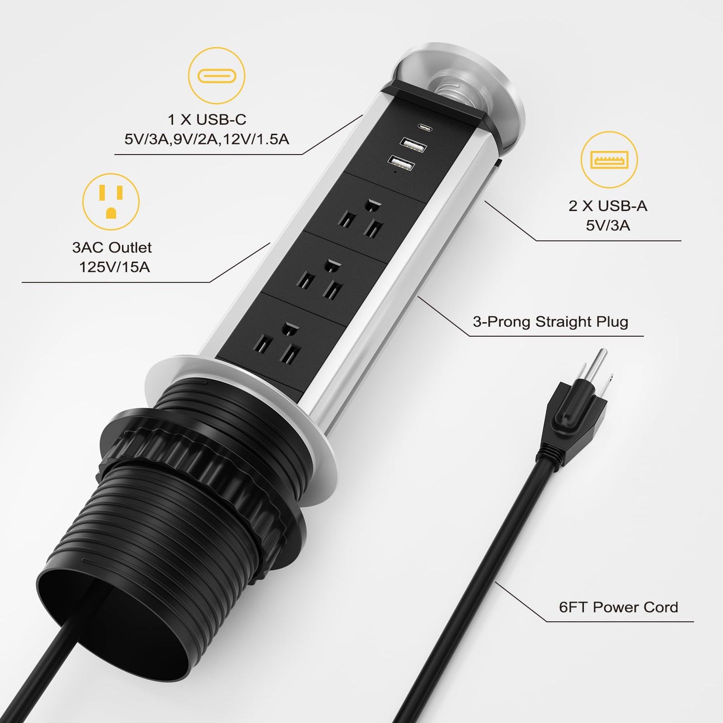 Pop Up Socket with 3 AC Outlets and 2 USB-A & 1 PD 20W USB-C Ports