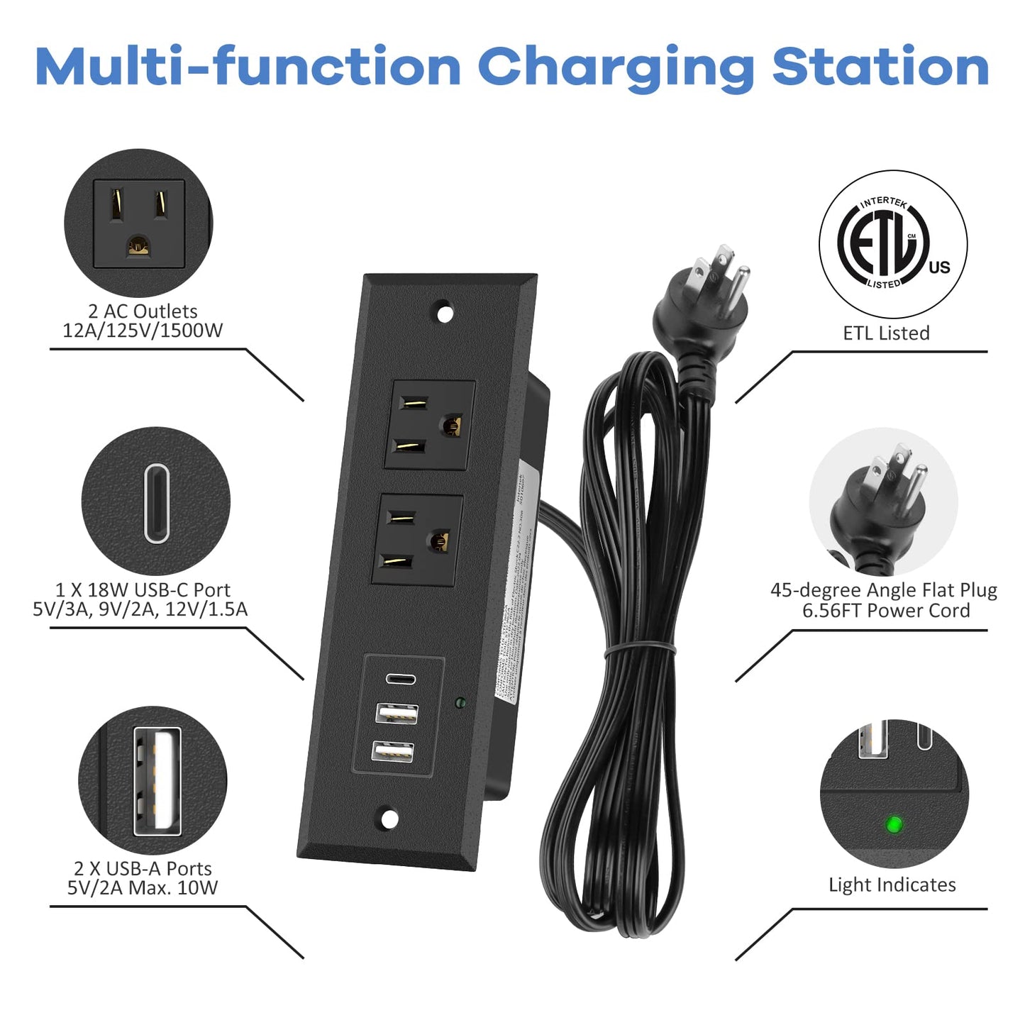 Recessed Power Strip Desk Outlet with USB-C Ports