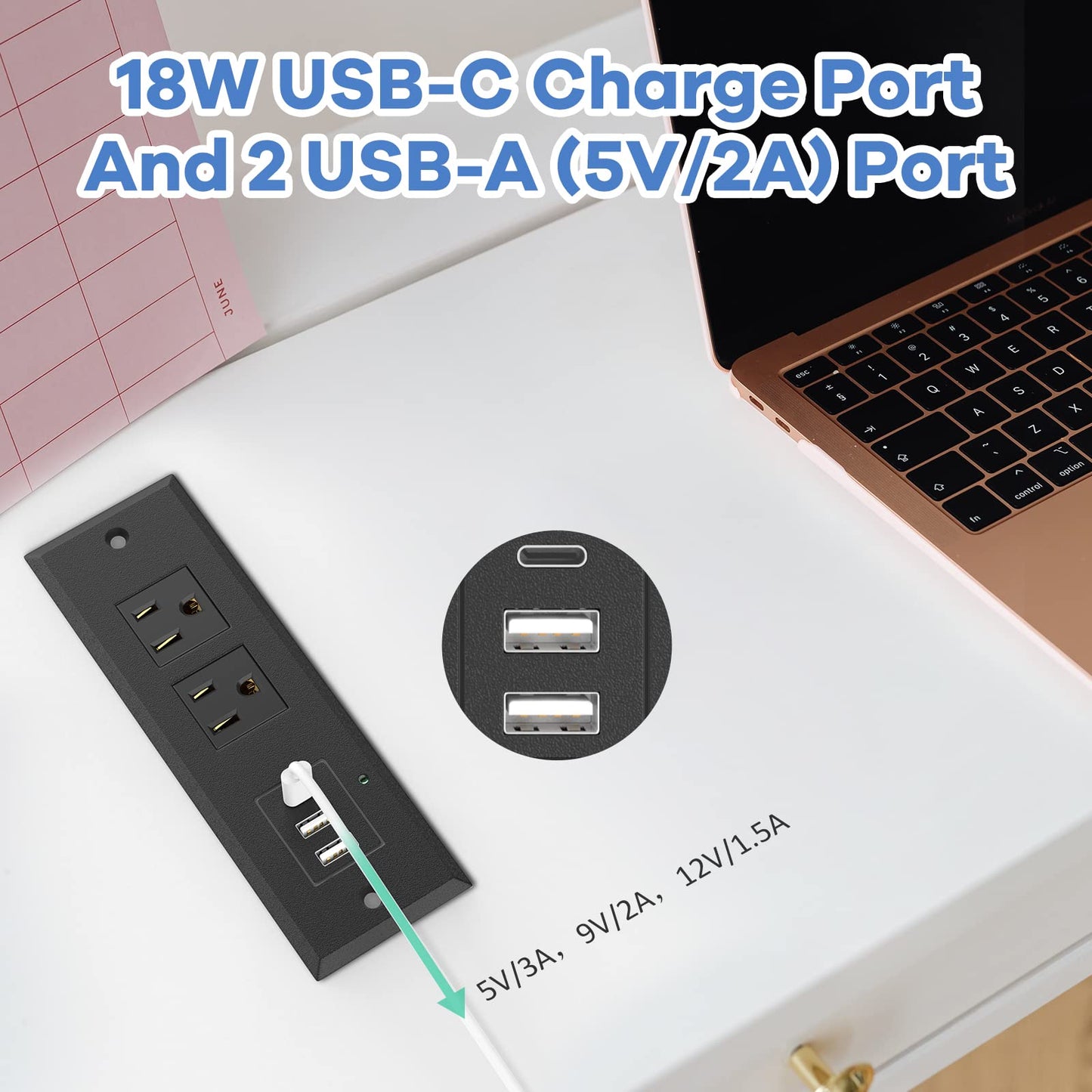 Recessed Power Strip Desk Outlet with USB-C Ports