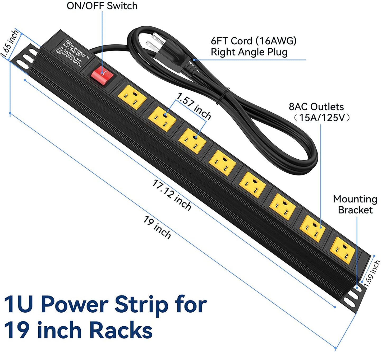 8 Outlets U Rack Mount PDU Power Strip Surge Protector