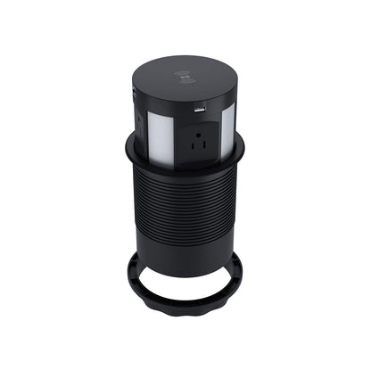 Black retractable pop up outlet with 4 AC outlets, dual USB-A, HDMI, RJ45 and wireless charging top