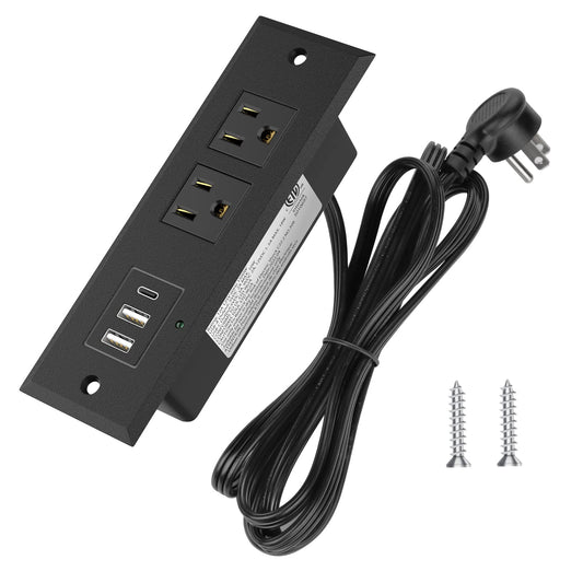 Recessed desk outlet, power cord and two screws pictured on a white background