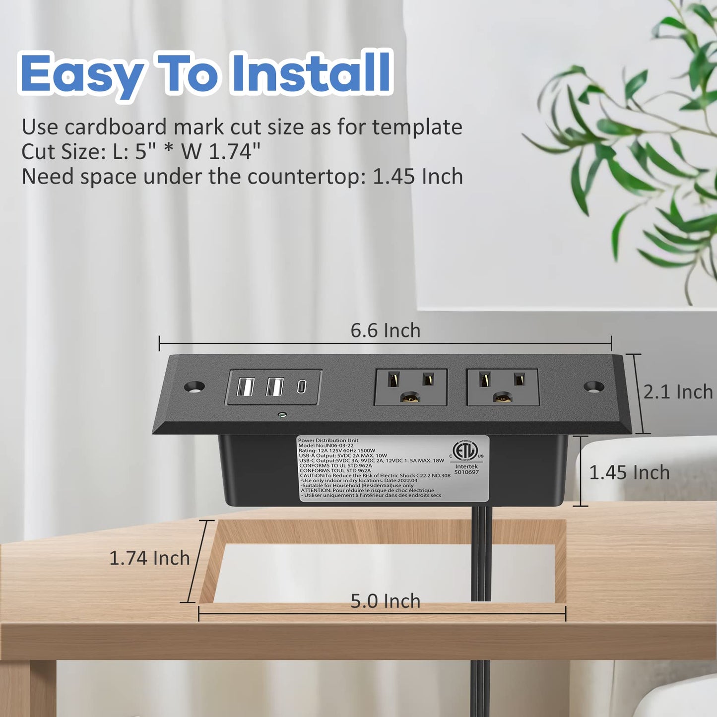 Recessed Power Strip Desk Outlet with USB-C Ports