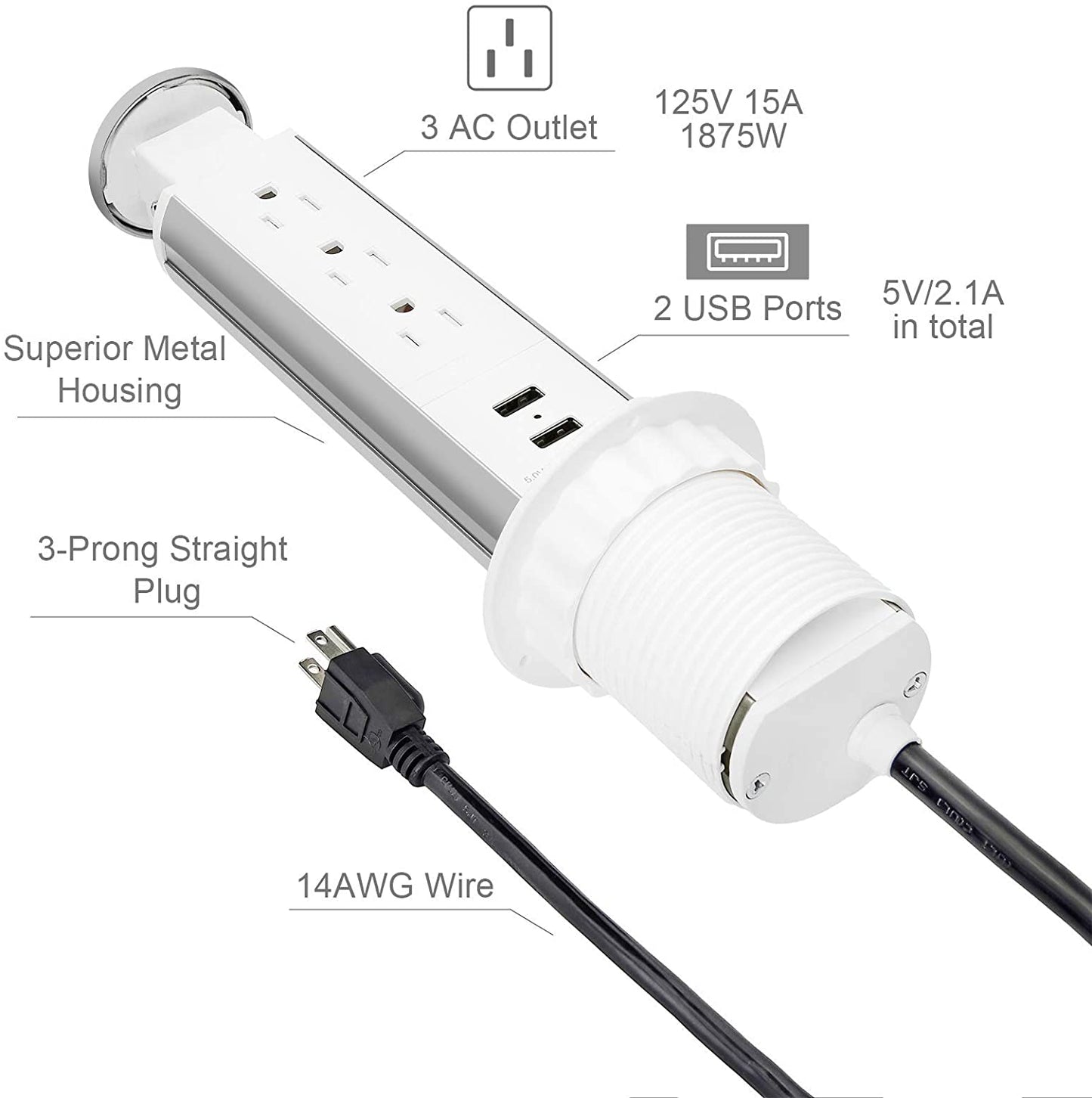 Pop Up Outlet for Countertop Receptacle Power Strip