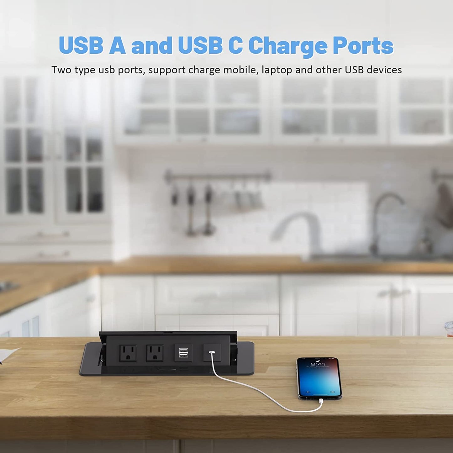 Pop Up Power Strip with 2 AC Outlets USB A and USB C