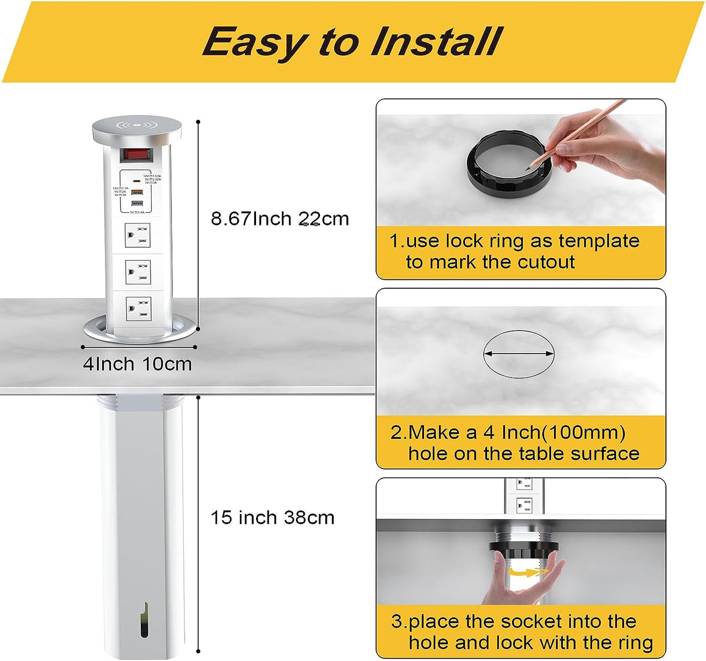 Automatic Pop Up Outlet for Countertop with USB C PD 20W