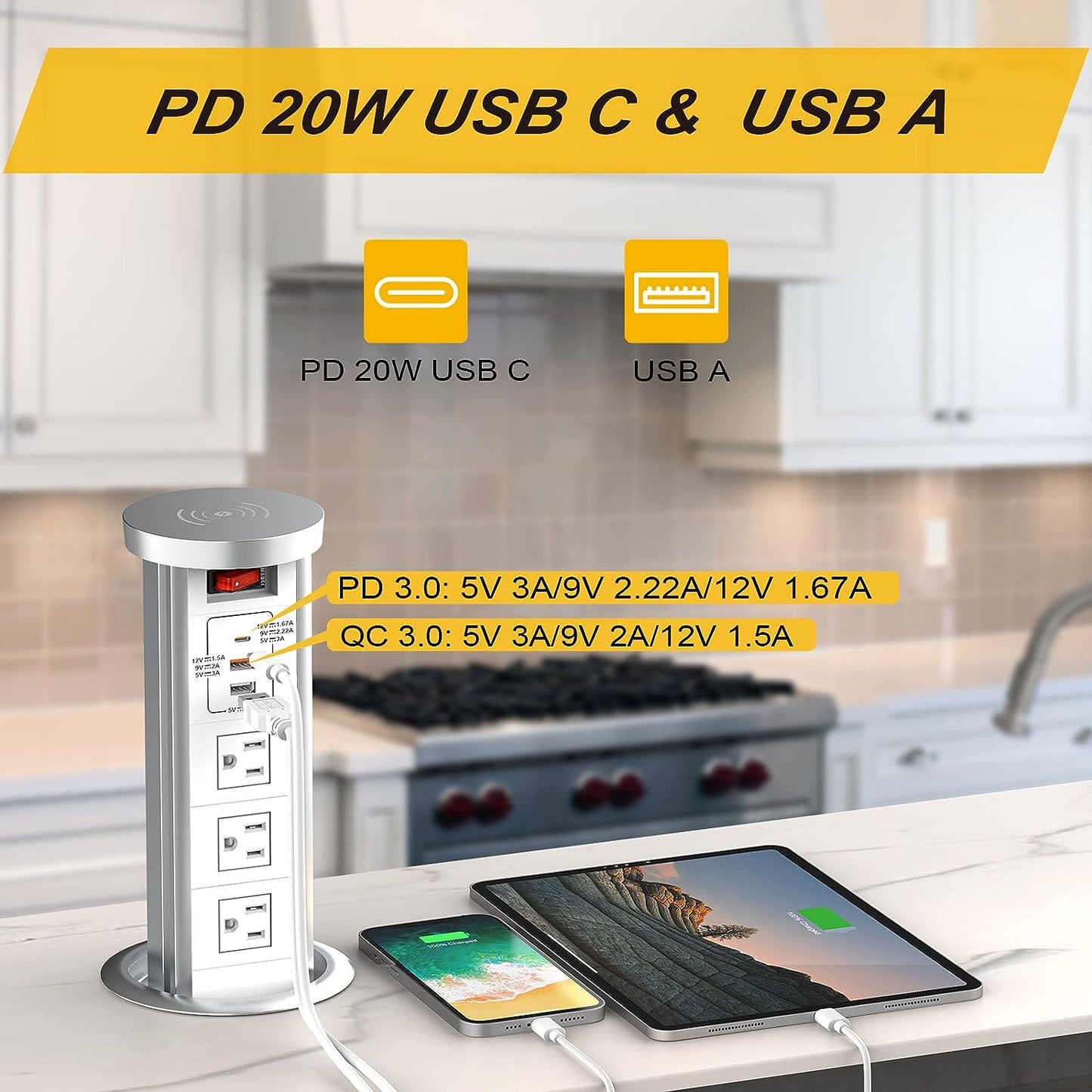 Automatic Pop Up Outlet for Countertop with USB C PD 20W