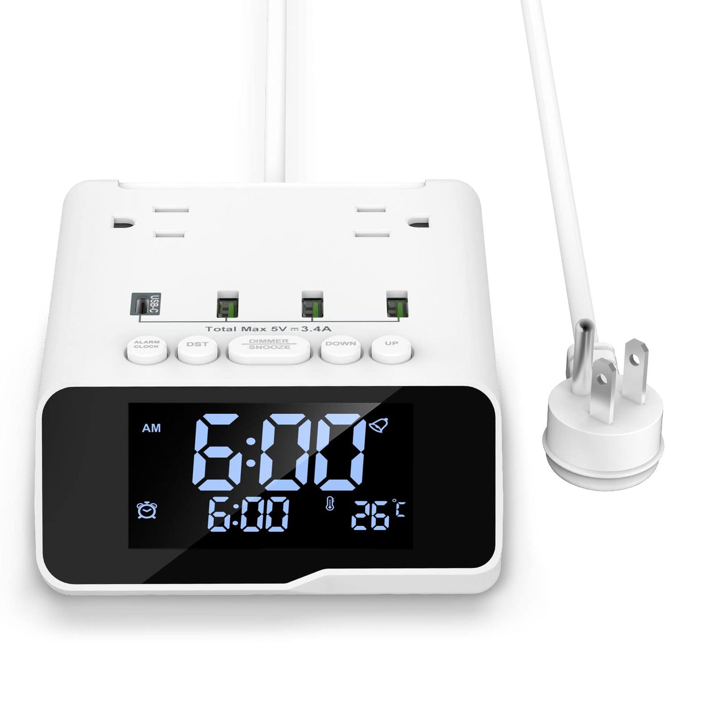 Electronic Bedside Alarm Clock Power Strip with 4 USB 2 AC