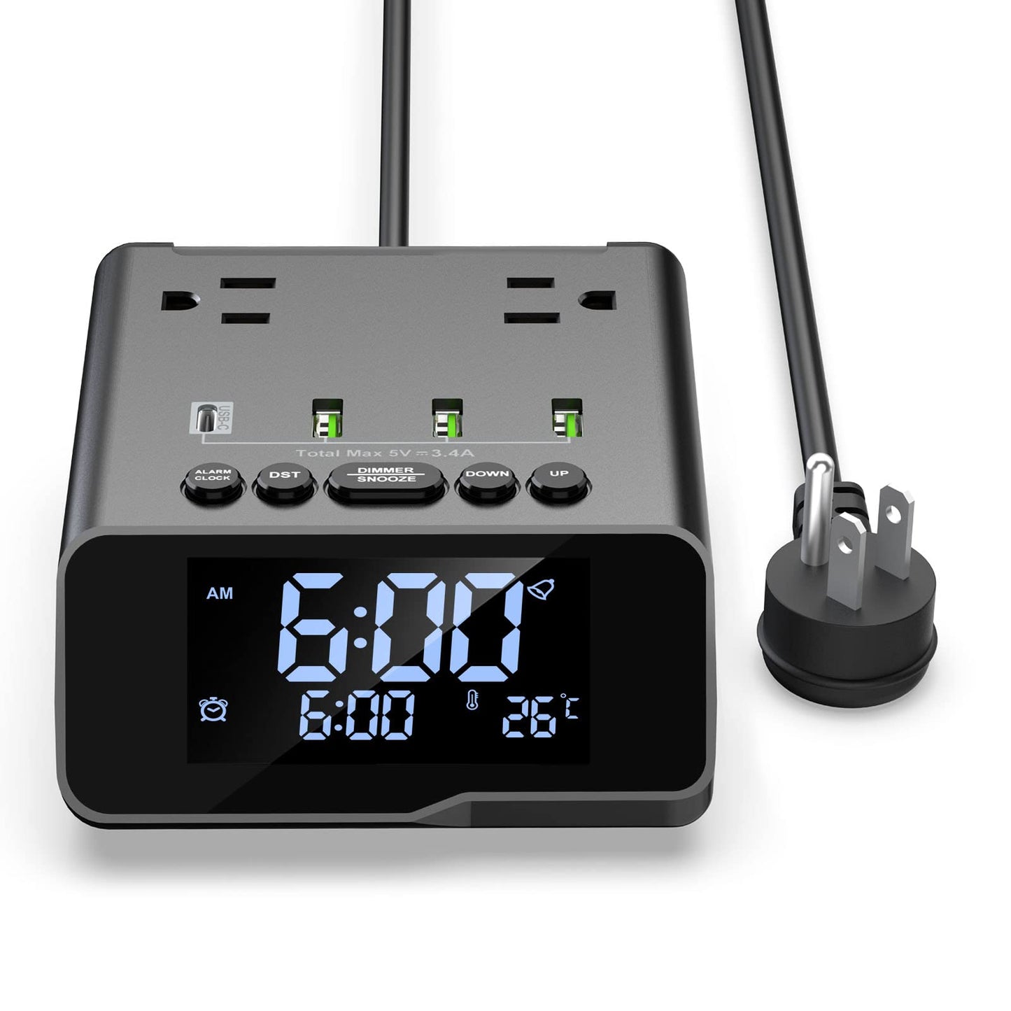 Electronic Bedside Alarm Clock Power Strip with 4 USB 2 AC