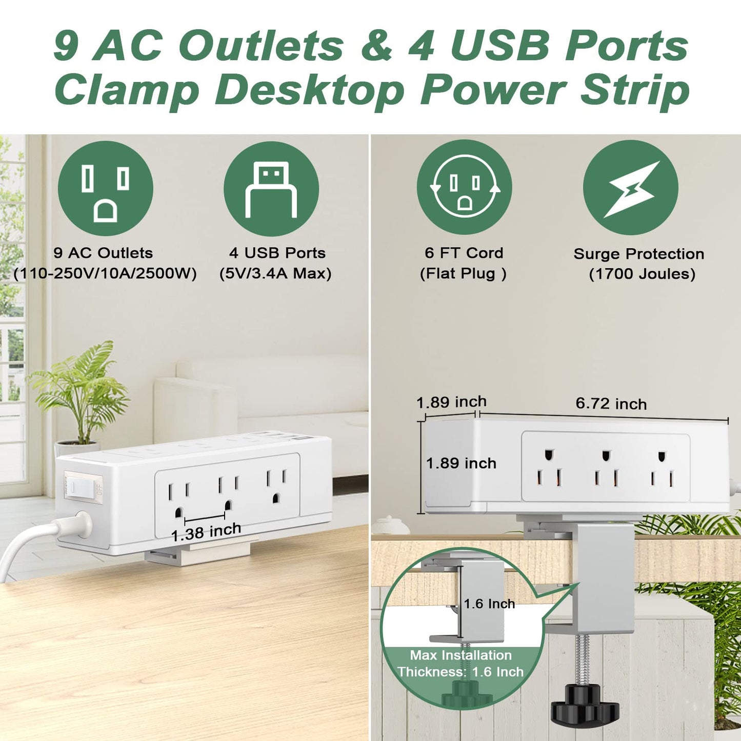 Desk Clamp Power Strip with 9 AC Plugs 4 USB Ports