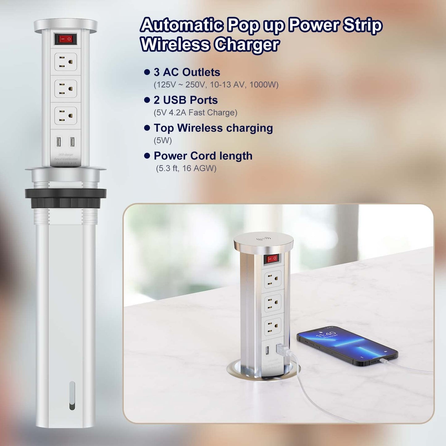 Automatic Raising Power Strip Wireless Charging Stations