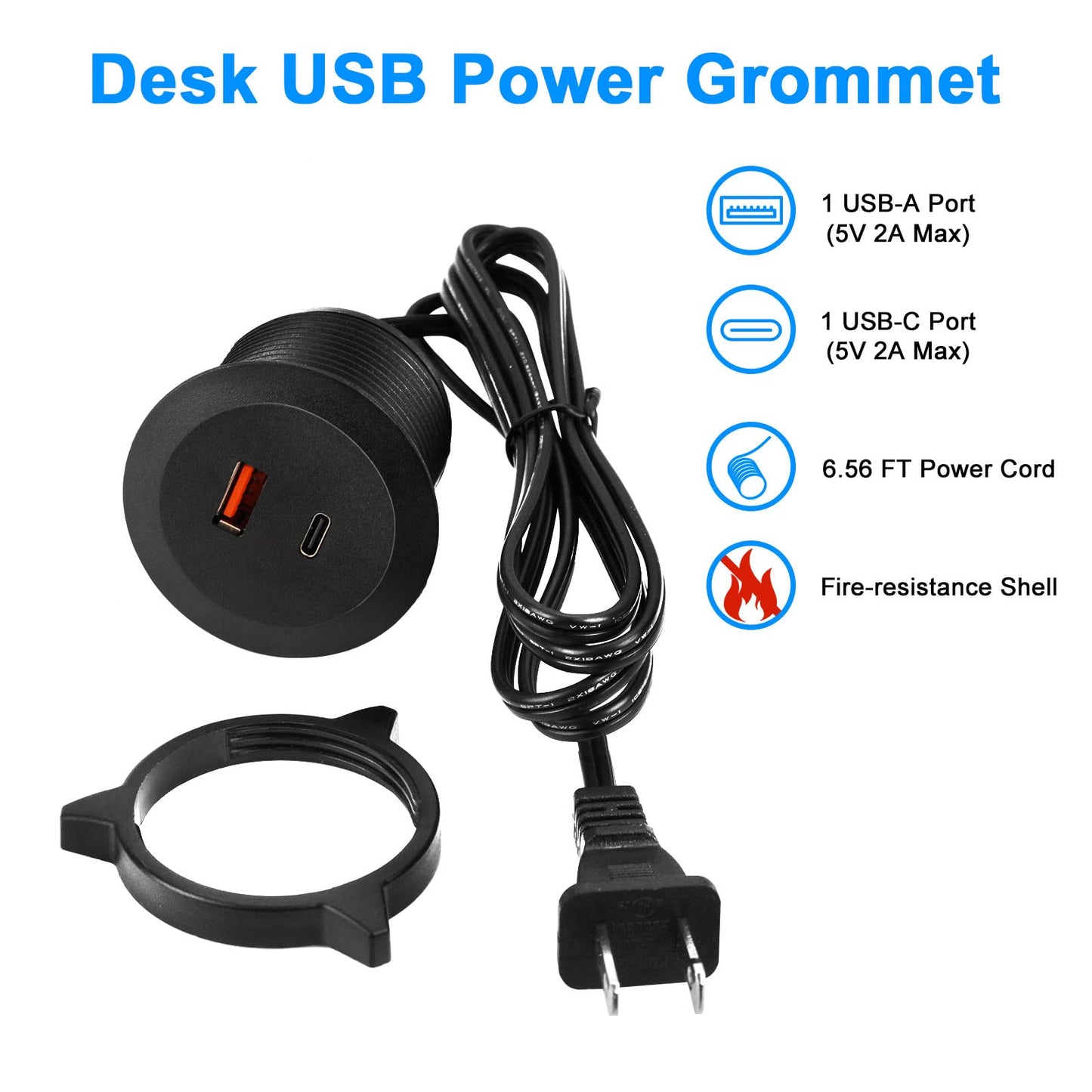 Desk USB Power Grommet Outlet 1 USB-A and 1 USB-C Ports