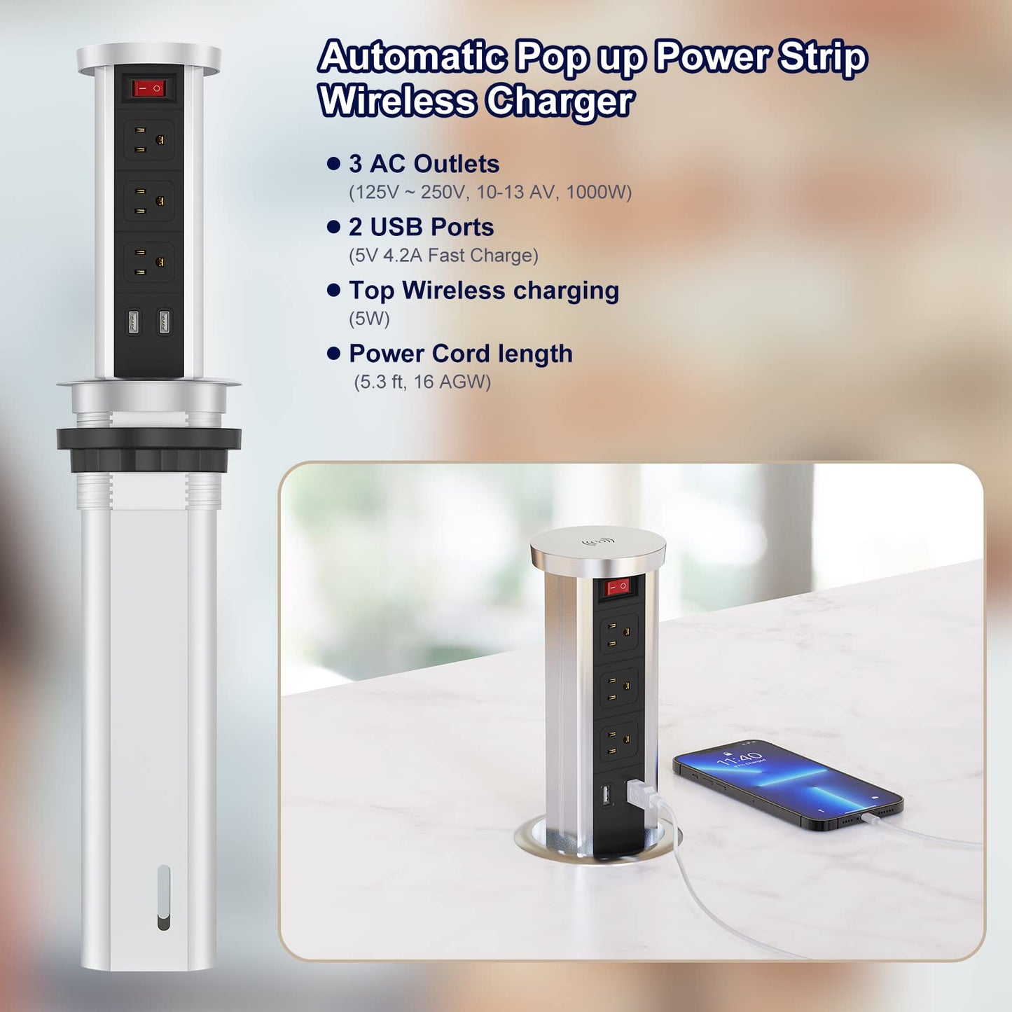 Automatic Raising Power Strip Wireless Charging Stations