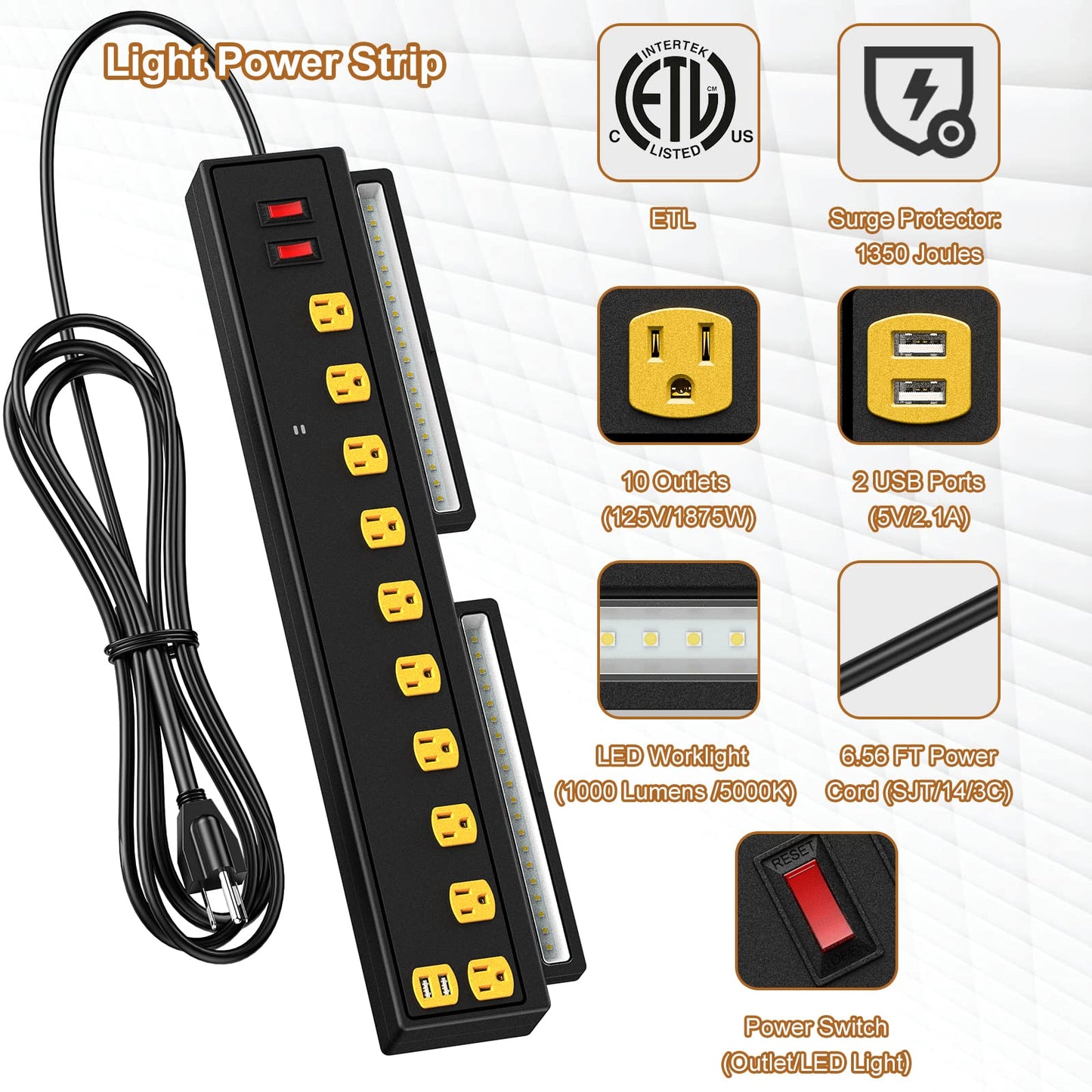 10-Outlet Heavy Duty Power Strip with LED Work Light
