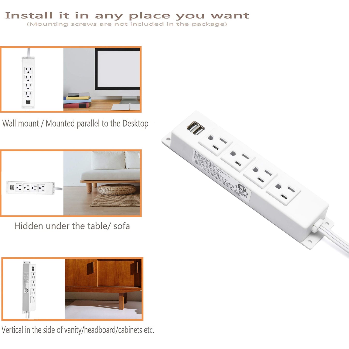 Wall Mount Power Strip with USB, 4 AC Outlet and 2 USB Ports