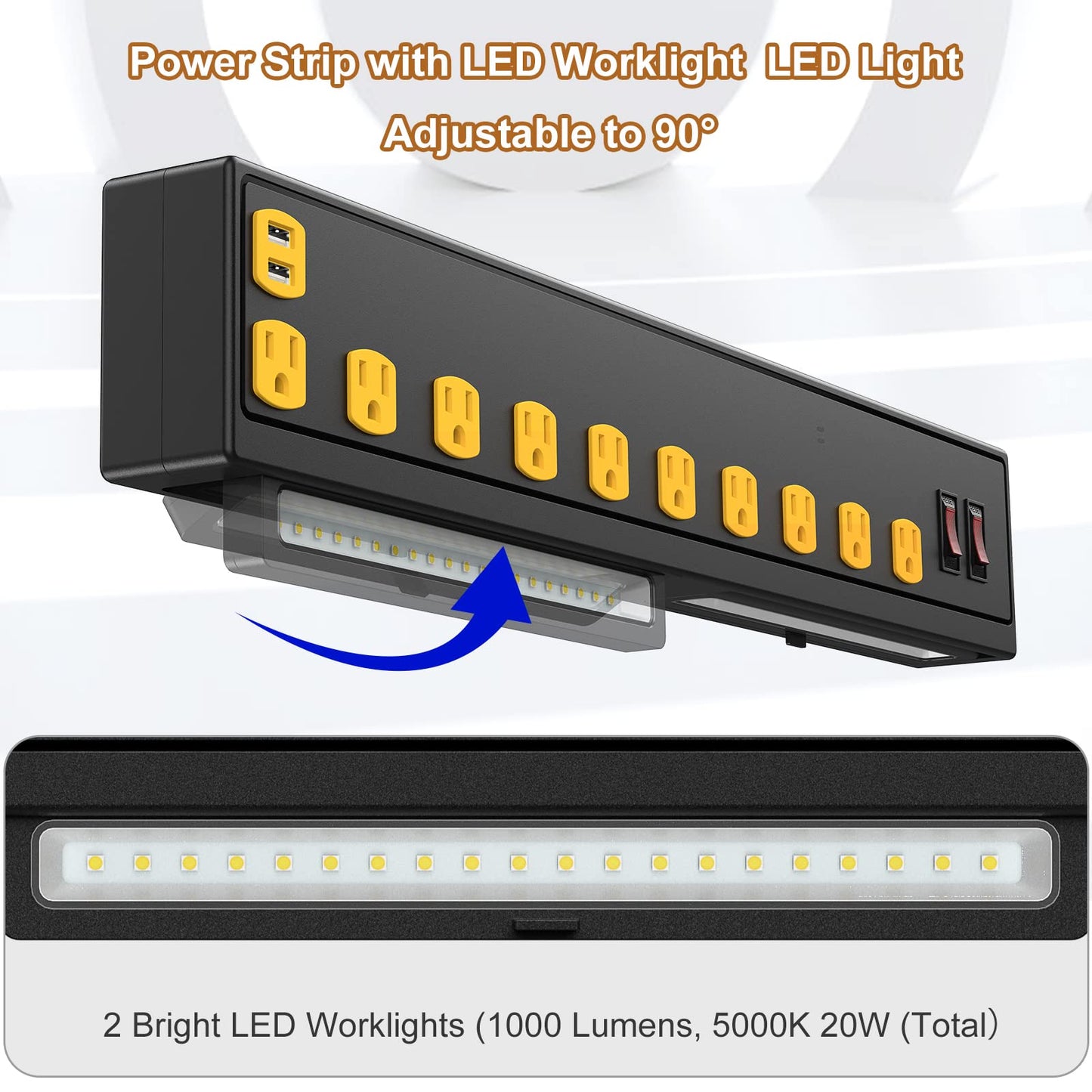 10-Outlet Heavy Duty Power Strip with LED Work Light