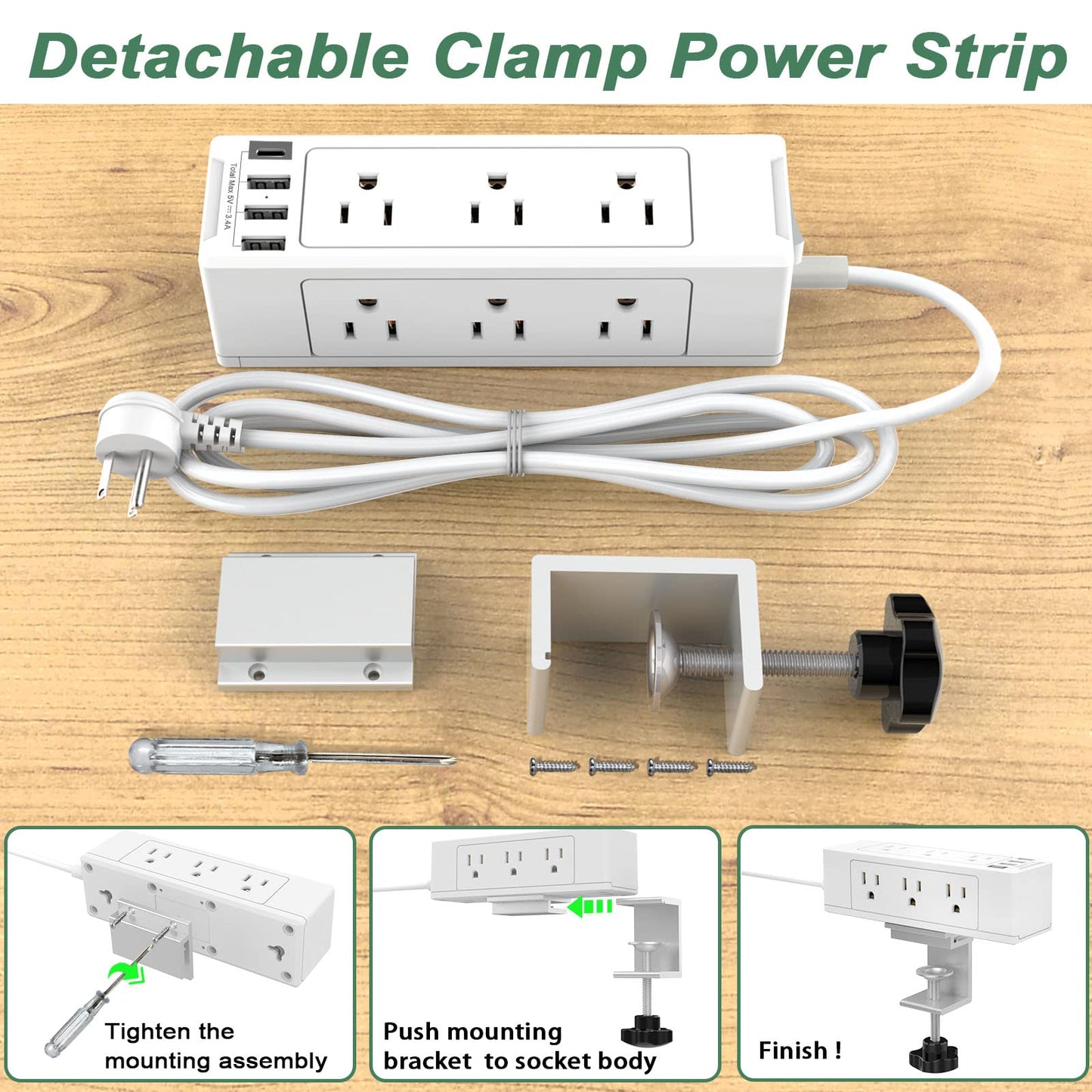 Desk Clamp Power Strip with 9 AC Plugs 4 USB Ports