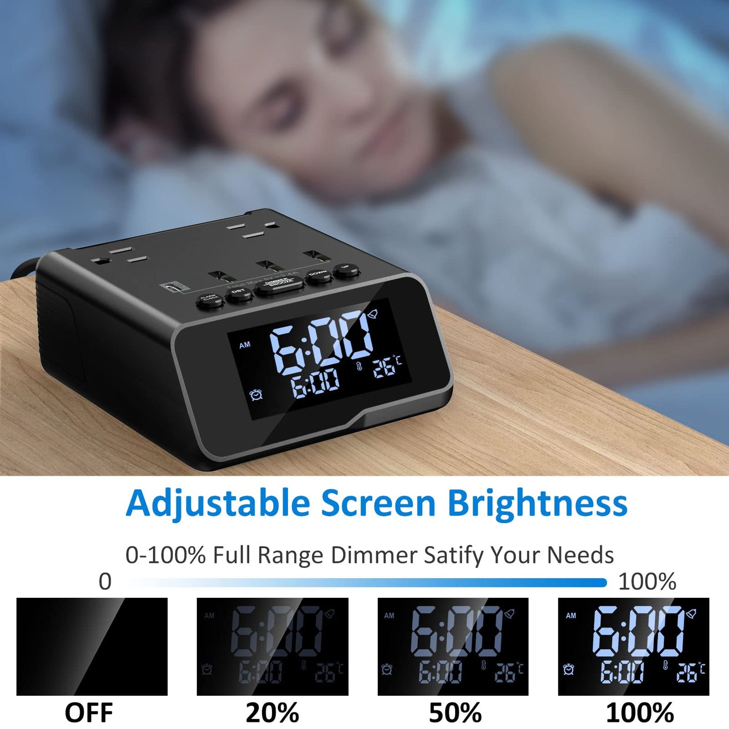 Electronic Bedside Alarm Clock Power Strip with 4 USB 2 AC