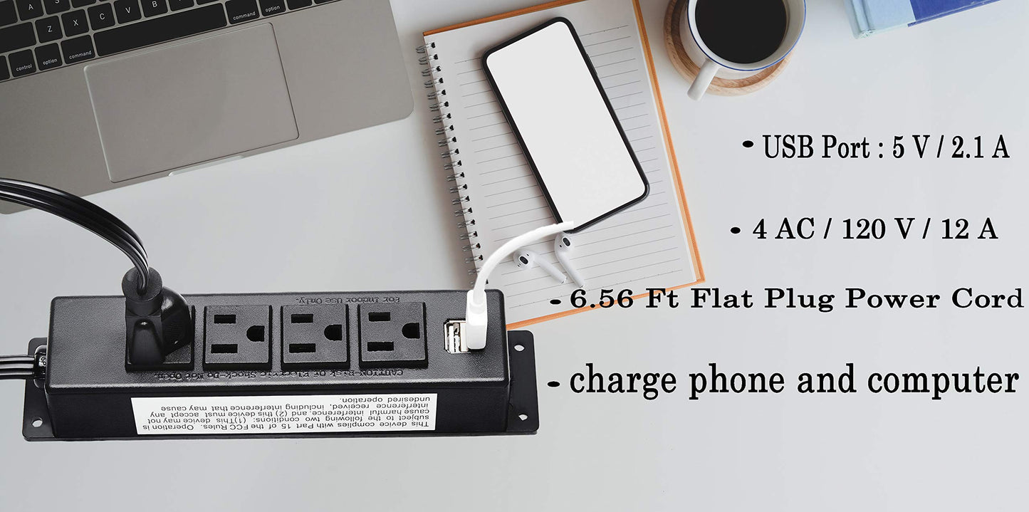 Wall Mount Power Strip with USB, 4 AC Outlet and 2 USB Ports