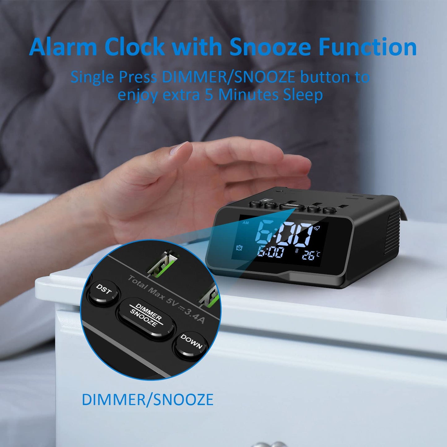 Electronic Bedside Alarm Clock Power Strip with 4 USB 2 AC