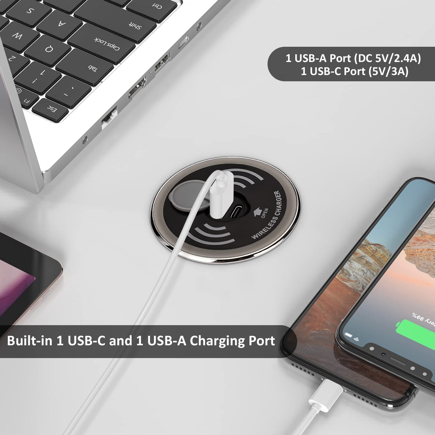 Desktop Power Grommet with USB Port & Wireless Charger