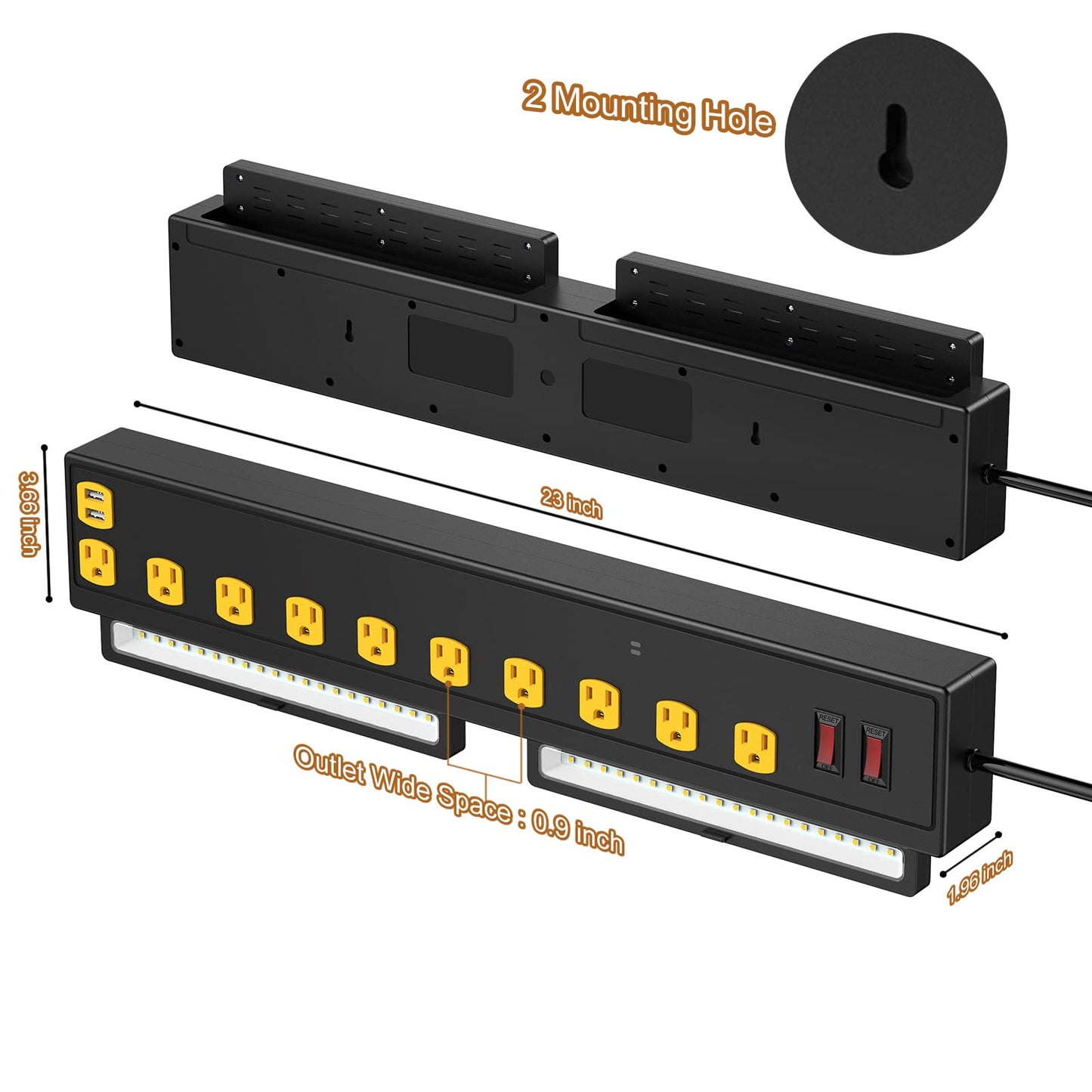 10-Outlet Heavy Duty Power Strip with LED Work Light